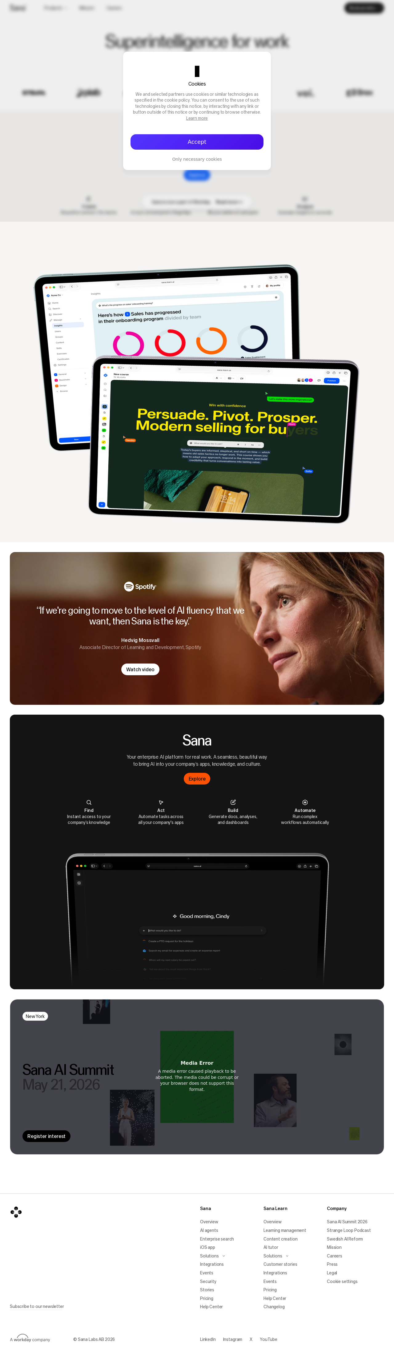 Screenshot of the Sana Learn homepage.